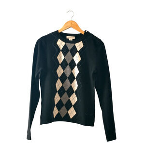 Women's Merino Wool Argyle Sweater Medium Black White Grey Comfort Soft